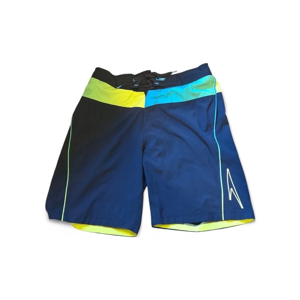 Speedo Men's M Blue Black Board Shorts Swim Trunks Colorful Neon Trim Drawstring